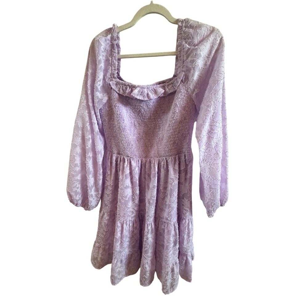She +Sky Lavender Mini Dress Sz Small Smocked Waist Puff Sleeves *rip on ruffle